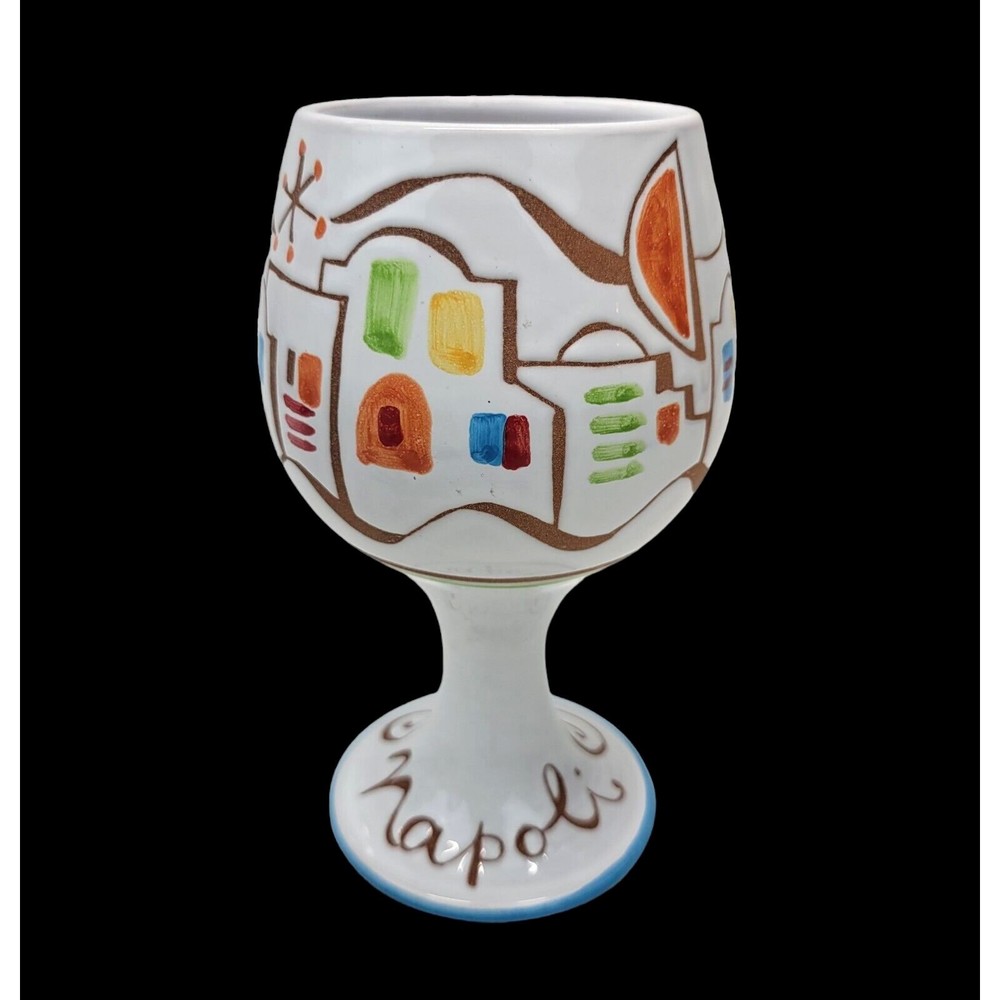 Art Pottery Wine Goblet Chalice Stoneware Napoli Crete Hand Painted White 6.25"